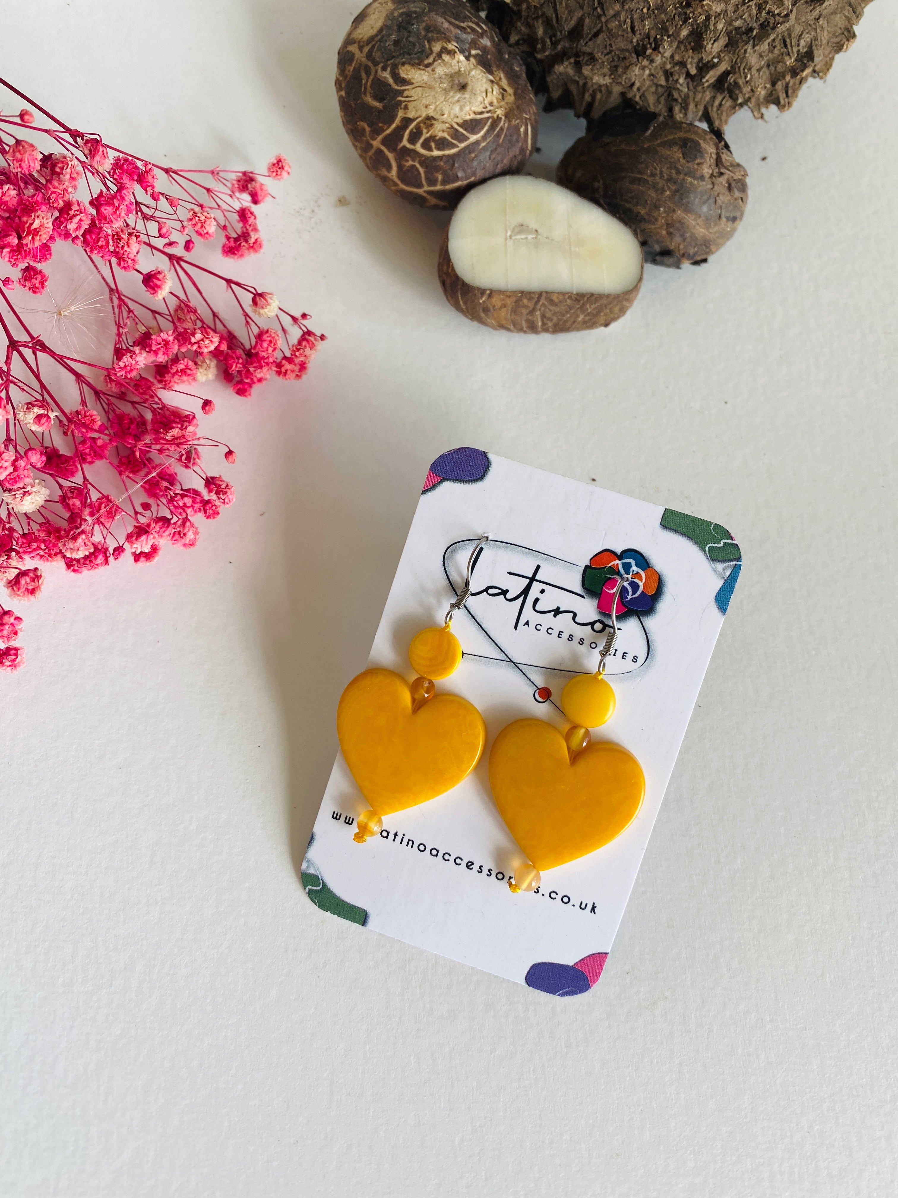 Yellow Tagua Hearts Earrings